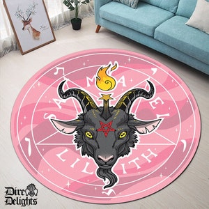 Kawaii Satan Pentagram Mat, Pastel Goth Baphomet Round Rug, Sigil of Lucifer Cartoon Carpet, Gothic Witch Decor, Goth Harajuku Round Rug