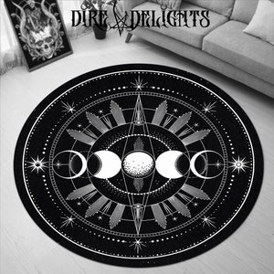 Celestial Round Mat, Gothic Moon Phases Carpet, Punk Rock Goth Mat,Halloween Round Mat,Witch Room Round Mat, Starry Sky Round Rug, Ancestral