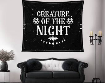 Creature of the Night Tapestry, Magic Moon Phases Wall Art, Wicca Witchy Celestial Tapestry,Pentagram Bat Tapestry,Tarot Tapestry