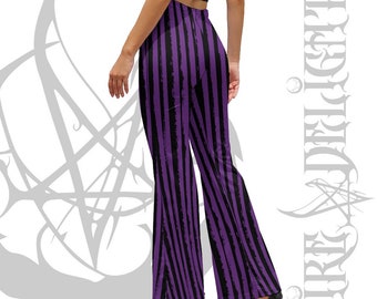 Goth Contrasting Flare Pants,Black And Purple Grunge Striped High Waist Pants,Two Tone Flare Pants With Pockets,Two Halves Dual Flared Pants