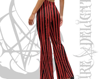 Goth Contrasting Flare Pants,Black And Red Grunge Striped High Waist Pants,Two Tone Flare Pants With Pockets,Two Halves Dual Flared Pants