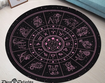 Astronomical Pink Round Mat, Gothic Zodiac Signs Carpet,Punk Rock Goth Mat,Halloween Round Mat, Witch Room Round Mat, Tarot Prophecy Symbols