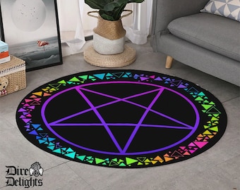 Neon Pentagram Mat, Psychedelic Gothic Magic Round Rug, Pentagram Carpet, Gothic Witch Decor, Goth Harajuku Round Rug