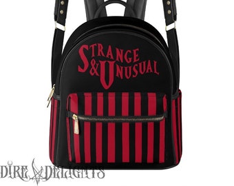 Gothic Strange & Unusual Backpack PU Leather,Stripped Gothic Punk Rocker Backpack,School Backpack,Travel Bag,Black Red Witchy Backpack