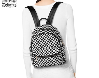 Goth Checkered Black and White Backpack PU Leather, Two Tone Gothic Punk Rocker Backpack, School Backpack, Witch Bag,Emo Backpack