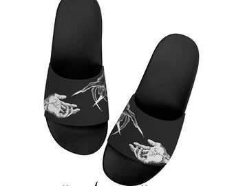 Satan's Creation Slippers, Gothic Church of Satan Slide Sandals, Goth Slippers,Halloween Slippers, Witchy Mystic Shoes,Satan Hand Human Hand