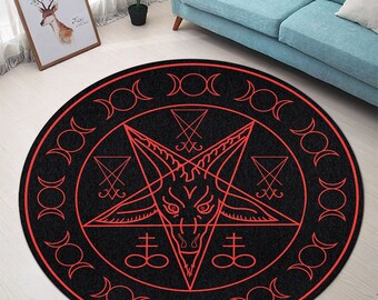Baphomet Pentagram Mat, Goat Head Satanic Round Rug, Runes From Hell Door Mat, Gothic Moon Phases Round Carpet, Goth Witch Home Decor
