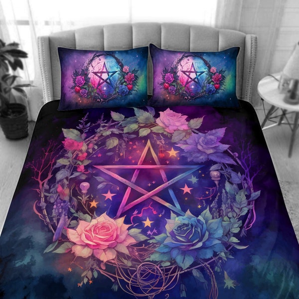 Mystic Pentagram 4 Piece Black Bedding Set,Goth Esoteric Roses,Witchcraft, Magic,Incantation,Wicca Duvet Cover Pillow Cases,Mystic Ancestral