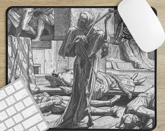 以下が含まれることがあります： 死がバイオリンを演奏している白黒のイラスト。周囲には、死んでいるか、死にかけの人々がいます。画像はヴィンテージの木版画スタイルです。
