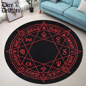 Red Divination Round Rug, Runes From Hell Door Mat, Satanic Magic Circle Carpet, Witch Gothic Rug, Rock Goth Home Decor, Mystic Ritual Rug