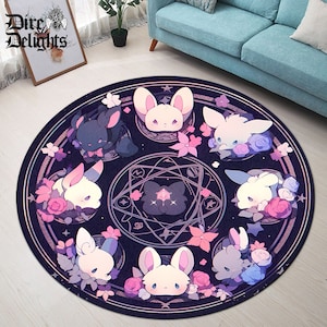 Kawaii Goth Bunnies Rug,Kawaii Plushies Goth Round Rug, Harajuku Cartoon Carpet, Gothic Witch Decor, Goth Harajuku Round Rug, Gothcore