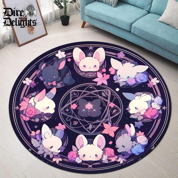 Tapis kawaii lapins gothiques, tapis rond peluches kawaii, tapis dessin animé Harajuku, déco sorcière gothique, tapis rond gothique harajuku, gothcore