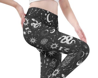 Celestial Leggings,Sun Moon Mystic Black Yoga Pants, Gothic Tarot Elastic Sportswear,Oversized Gothic Pants, Astronomy Wiccan Leggings