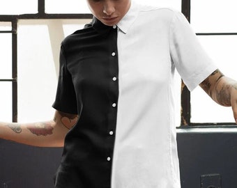 Camisa larga gótica en blanco y negro, parte superior de dos tonos en contraste, vestido de dos tonos de gran tamaño mitad negro mitad blanco, blusa de dos colores Punk Rock Harajuku