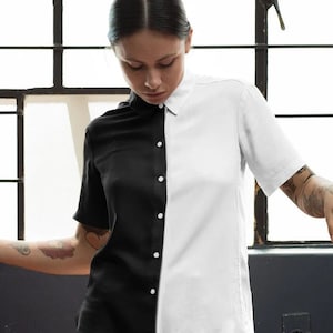 Black And White Goth Long Shirt,Contrast Two Tone Top, Oversized Half Black Half White Dual Tone Dress,Punk Rock Harajuku Two Color Blouse