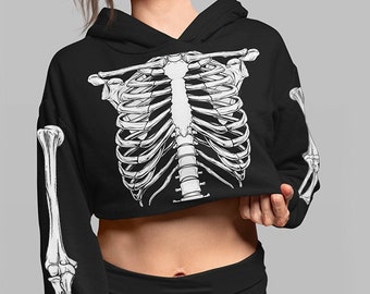 Goth Skeleton Crop Hoodie, Bones Cropped Top, Punk Skeleton Sleeve, Gothic Harajuku Top, Urban Techwear Clothing, Witch Halloween Hoodie