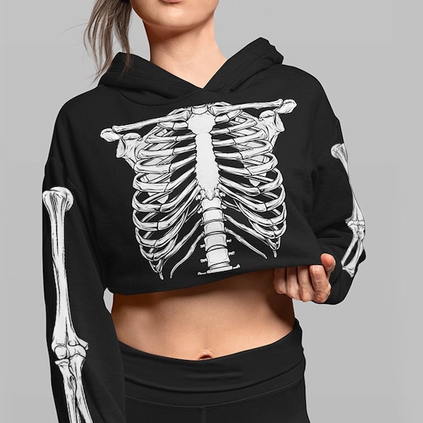 Goth Skeleton Velvet Crop Hoodie,Bones Cropped Top, Punk Skeleton Sleeve, Gothic Harajuku Top,Urban Techwear Clothing,Witch Halloween Hoodie