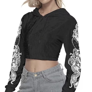 Eldritch Skulls & Snakes on Sleeves Cropped Velvet Hoodie, Punk-Rock Snake Tattoo Sleeve Velvet Shirt, Lovecraftian Horror Gothic Crop Top