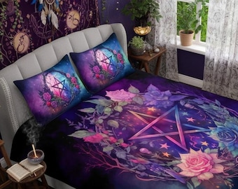 Mystic Pentagram 4 Piece Black Bedding Set,Goth Esoteric Roses,Witchcraft, Magic,Incantation,Wicca Duvet Cover Pillow Cases,Mystic Ancestral