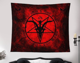 Satan Goth Tapestry,Red Black Baphomet Wall Art,Satanic Temple,Church of Satan, Pentagram Tapestry,Runic Symbols, Hail Satan Tapestry