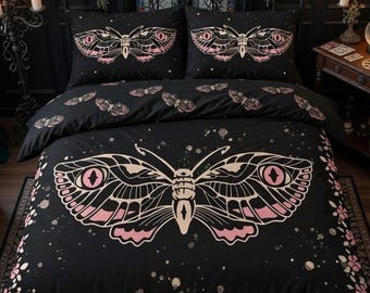 Mystic Wicca 4 Piece Black Bedding Set,Goth Esoteric Butterfly Moth,Witchcraft, Magic,Incantation,Duvet Cover Pillow Cases,Mystic Ancestral