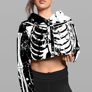 Goth Skeleton Bleach Velvet Crop Hoodie, Bones Cropped Top,Punk Skeleton Sleeve,Gothic Harajuku Top,Urban Techwear Clothing, Witch Hoodie