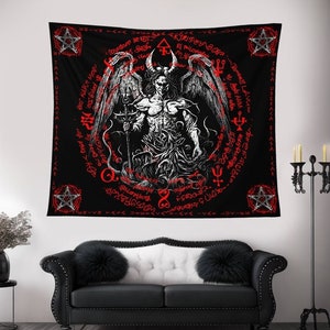Satan Goth Tapestry,Red White Baphomet Wall Art,Church of Satan, Pentagram Tapestry,Runic Symbols,Fallen Angel, Hail Satan Tapestry, Lucifer