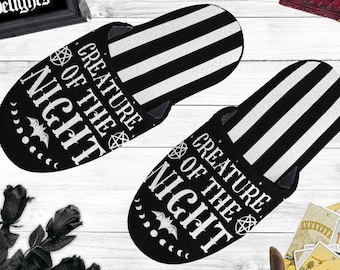 Creature of the Night Family Slippers, Gothic Warm Plush Slippers, Goth Celestial Moon Phases Slippers, Witchy Mystic Pentagram Bat Shoes
