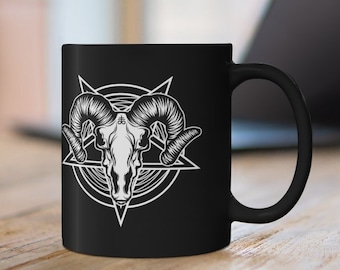 Baphomet Ram Head with Leviathan Cross 11 oz / 320 ml Ceramic Black Mug, Gothic Occult Satanic Symbolism Mug, Emo Goth Drinkware