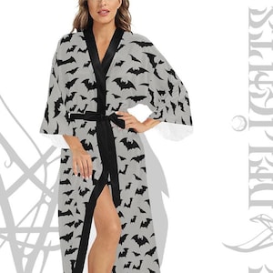 Gothic Bats Long Robe,Queen of the Night Robe,Silver Bats Long Kimono Robe, Goth Kimono,Chiroptera Princess Robe