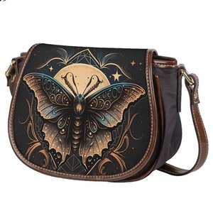 Fairy Moth Shoulder Bag, Goth Handbag with Zipper, Dark Gothic Harajuku Handbag, Wicca Shoulder Bag, Witchcraft Goth Bag