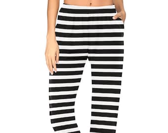 Goth Striped Pajamas Pants, Punk Rock Pajamas With Horizontal