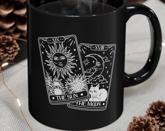 The Sun and The Moon Tarot Cards 11 oz / 320 ml Ceramic Black Mug, Occult Divination & Witchcraft, Major Arcana Cartomancy Mug