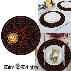 Dämonisches rundes Tischset, Baphomet Pentagramm Tischset, Ziegenkopf satanisches rundes Tischset, Runen aus der Hölle Matte, Goth Mondphasen Tischset, Witchy