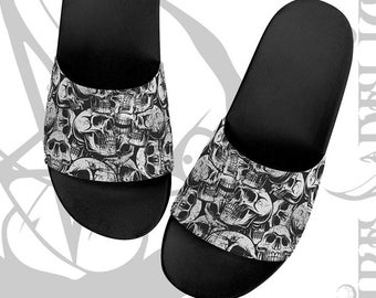 Goth Skulls Slippers, Gothic Horror Skeleton Slide Sandals, Goth Slippers,Halloween Slippers, Witchy Mystic Shoes,Horror Lover Skulls Shoes