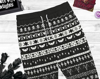Goth Elements Unisex Pants S-4XL, Black And White Joggers, Two Tone Trousers With Pockets,Witchy Joggers, Skull, Bones, Bats,Baphomet,Thorns