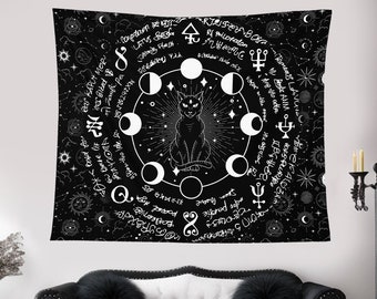 Celestial Cat Tapestry, Magic Moon Phases Wall Art, Wicca Witchy Celestial Tapestry,Psychedelic Tapestry,Tarot Tapestry, Moon Cat Tapestry
