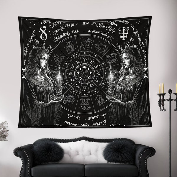 Zodiac Magic Tapestry, Hell Goddesses Wall Art, Church of Satan, Alchemy Tapestry, Runic Symbols, Celestial Hail Satan Tapestry, Woman Power