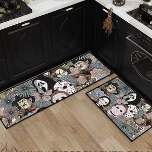 Tapis de cuisine floral 2 pièces tueurs en série, tapis pour amateurs de films d'horreur, tapis d'Halloween, tapis de cuisine gothique tueur de sorcières, décoration d'intérieur sorcière gothique