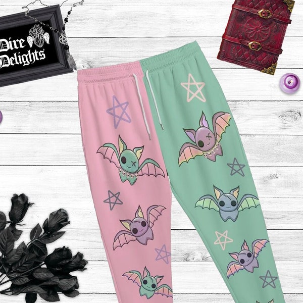Two Tone Unisex Pants S-4XL,Goth Contrasting BPastel Goth Kawaii Bats Joggers, Trousers With Pockets,Two Halves Dual Color Joggers