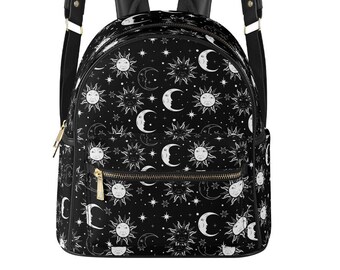 Celestial Backpack PU Leather, Moon Sun Gothic Punk Rocker Backpack, School Backpack, Travel Backpack, Wicca Bag,Witch Bag,Emo Backpack