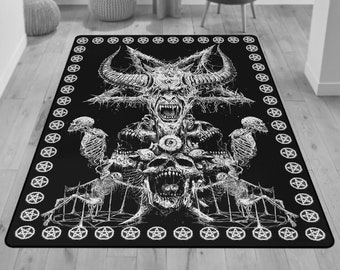 May include: Black and white rug with a pentagram border and a detailed illustration of a demonic figure with horns and skulls. The text "DIRE DELIGHTS" is at the top of the rug.