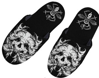 Demonic Family Slippers, Gothic Church of Satan Warm Plush Slippers, Goth Slippers, Halloween Slippers, Witchy Mystic Shoes, Skull Slippers