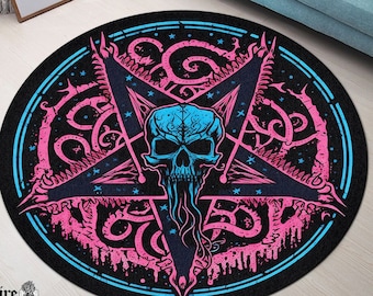 Pentagram Cthulhu Skull Round Rug, Lovecraftian Magic Circle Carpet,Witch Gothic Rug,Rock Goth Home Decor,Mystic Ritual Rug, Pink Blue Hell