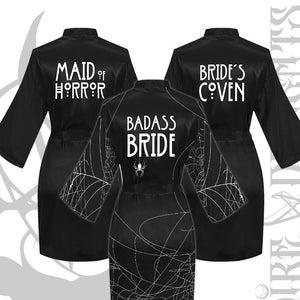 Gothic Bachelorette Robes, Badass Bride, Maid of Horror, Bride&#39;s Coven, Gothic Wedding Kimono, Goth Wedding Accessories, Goth Team Bride