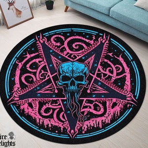 Pentagram Cthulhu Skull Round Rug, Lovecraftian Magic Circle Carpet,Witch Gothic Rug,Rock Goth Home Decor,Mystic Ritual Rug, Pink Blue Hell