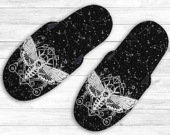 Wiccan Family Slippers, Gothic Starry Night Warm Plush Slippers, Goth Celestial Moth Slippers, Halloween Slippers, Witchy Mystic Skull Moth