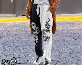 Goth Contrasting Two Tone Snakes Pants, Black And White Joggers, Two Tone Trousers With Pockets, Two Halves Dual Color Joggers