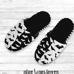 Gothic Swarm of Bats Slippers, Two Tone Warm Plush Slippers, Goth Vampire Castle Bats Cauldron Slippers, Halloween Bats Slippers, Dual Color