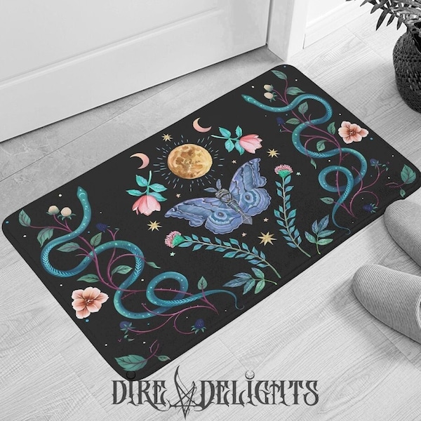 Wicca Door Mat, Gothic Doormat, Goth Witchy Door Mat,Witch Home Decor,Gothic Rug,Witch Doormat, Wiccan Butterfly, Floral Snape, Moon Phases